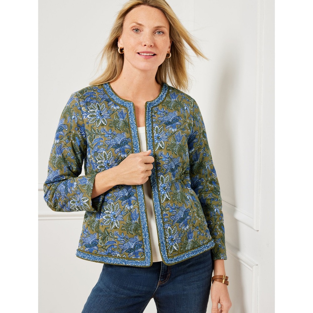Talbots Womens Large Quilted Floral Jacket Olive Blue Cotton Hook Eye ID4976
